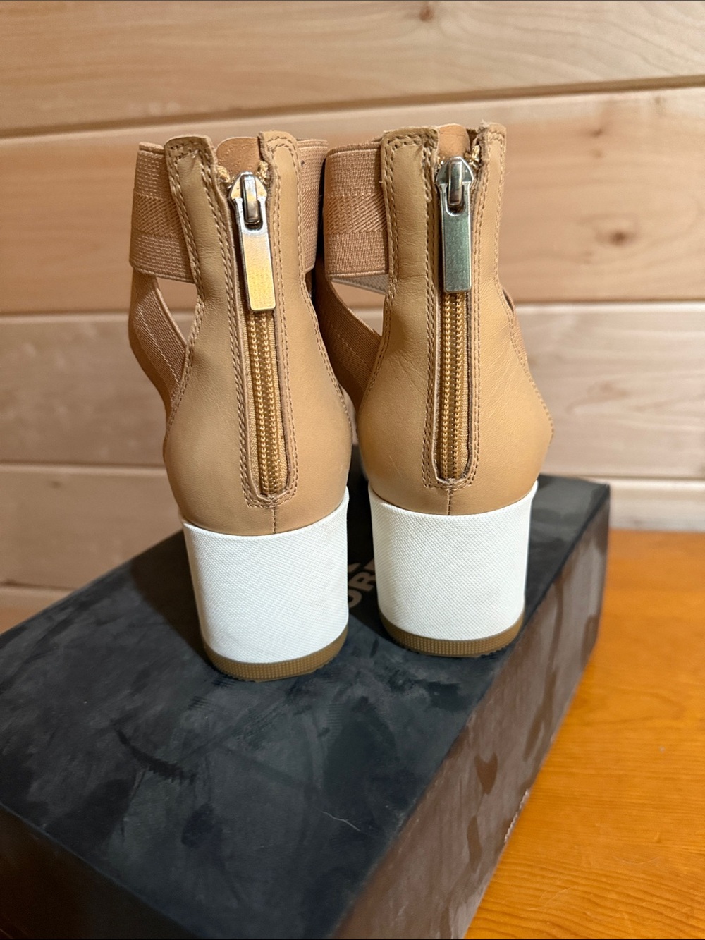 Sorel Tan Platform Sandals with Elastic Ankle Wraps - Picture 3 of 5